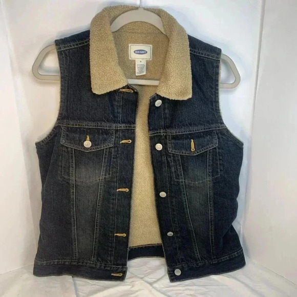Jackets & Blazers - Vintage Old Navy Blue Jean Denim Sherpa Lined Vest M Medium Y2K 2000s bohocore
